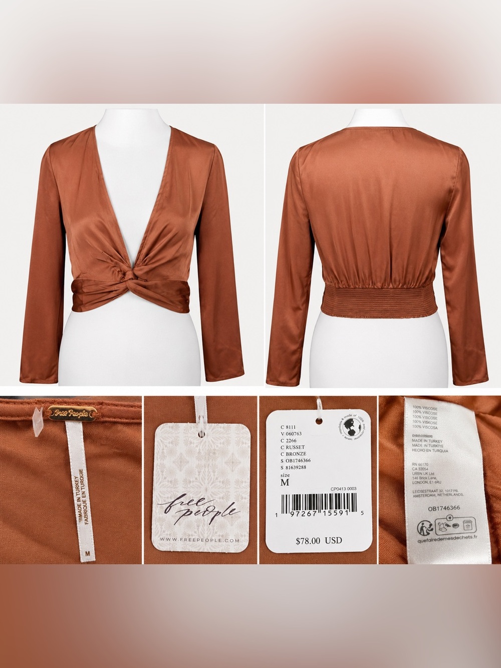 Free People Rust Bronze Satin Twist Front Crop Top NWT Medium Boho